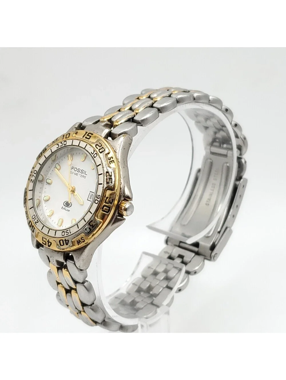 Fossil Blue Watch Women 28mm New Battery  Rotating Bezel Luminous hands